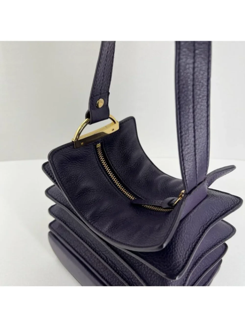 Bodhi Tiered Ruffle Hobo Shoulder Bag Womens Genuine Pebbled Leather Dark Purple